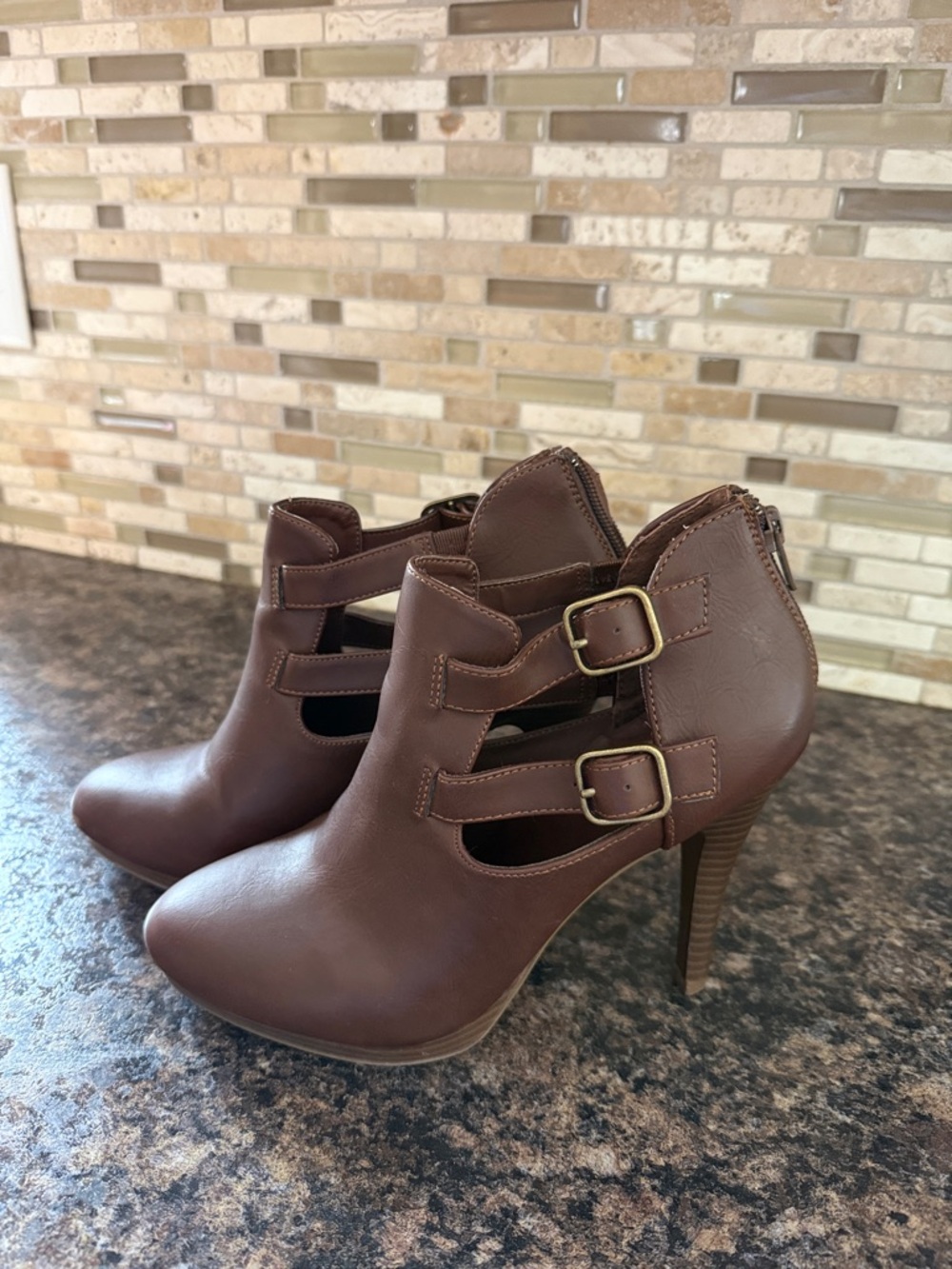 Style & Co. Brown Cutout Buckle Ankle Booties